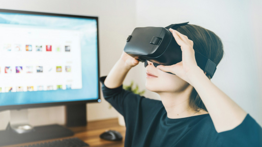 A woman using a virtual reality headset to attend a funeral service