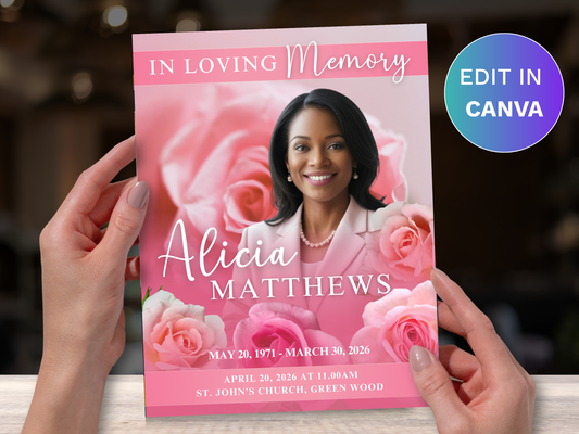 8 Page Delicate Pink CANVA Funeral Program Template (11x17 inch)