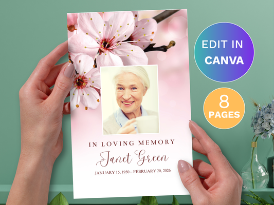 8 Page Blossom Fade CANVA Funeral Program Template