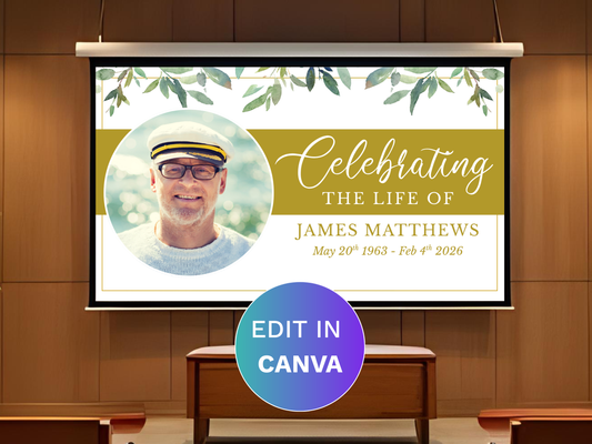 Canva Funeral Slideshow Template with Green Leaves