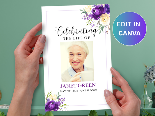 4 Page Purple Bloom CANVA Funeral Program Template