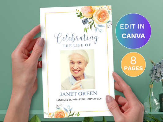 8 Page Yellow Roses CANVA Funeral Program Template