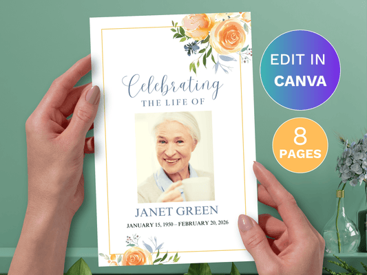 8 Page Yellow Roses CANVA Funeral Program Template