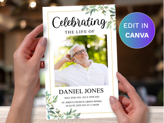 4 Page Green Leaf CANVA Funeral Program Template