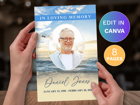 8 Page Beach CANVA Funeral Program Template
