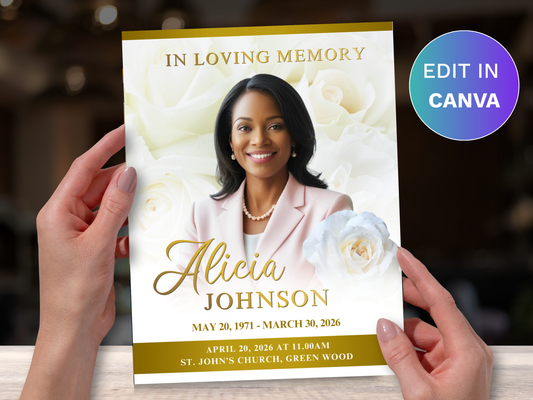 8 Page White & Gold CANVA Funeral Program Template (11x17 inch)
