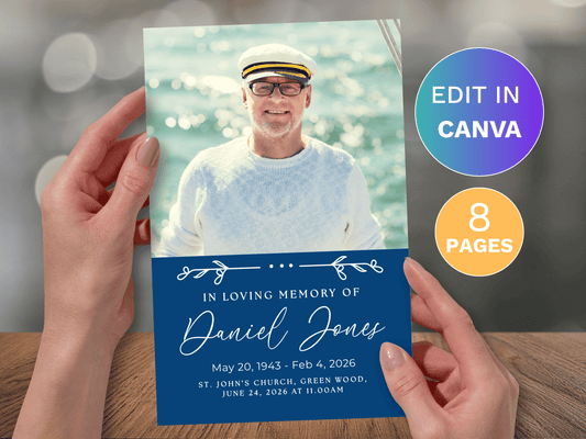 8 Page Blue Floral CANVA Funeral Program Template