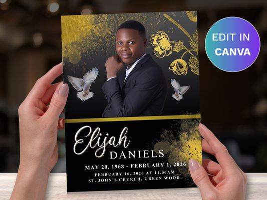 8 Page Black & Gold CANVA Funeral Program Template (11x17 inch)