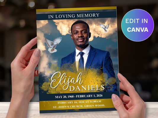 8 Page Gold Sky CANVA Funeral Program Template (11x17 inch)