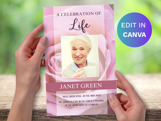 4 Page Pink Rose CANVA Funeral Program Template