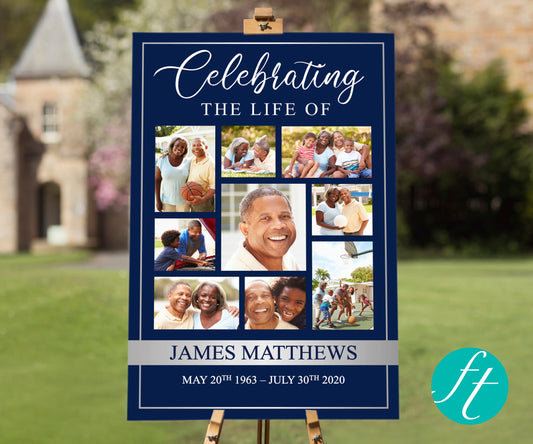 Classic Blue Collage Funeral Welcome Sign