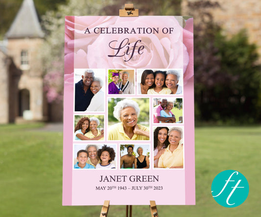 Pink Rose Collage Funeral Welcome Sign