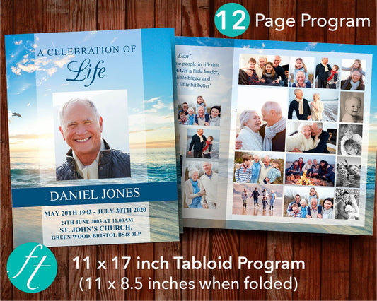 12 Page Beach Funeral Program Template (11 x 17 inches)