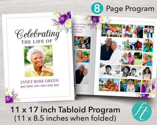 8 Page Purple Bloom Funeral Program Template (11 x 17 inches)