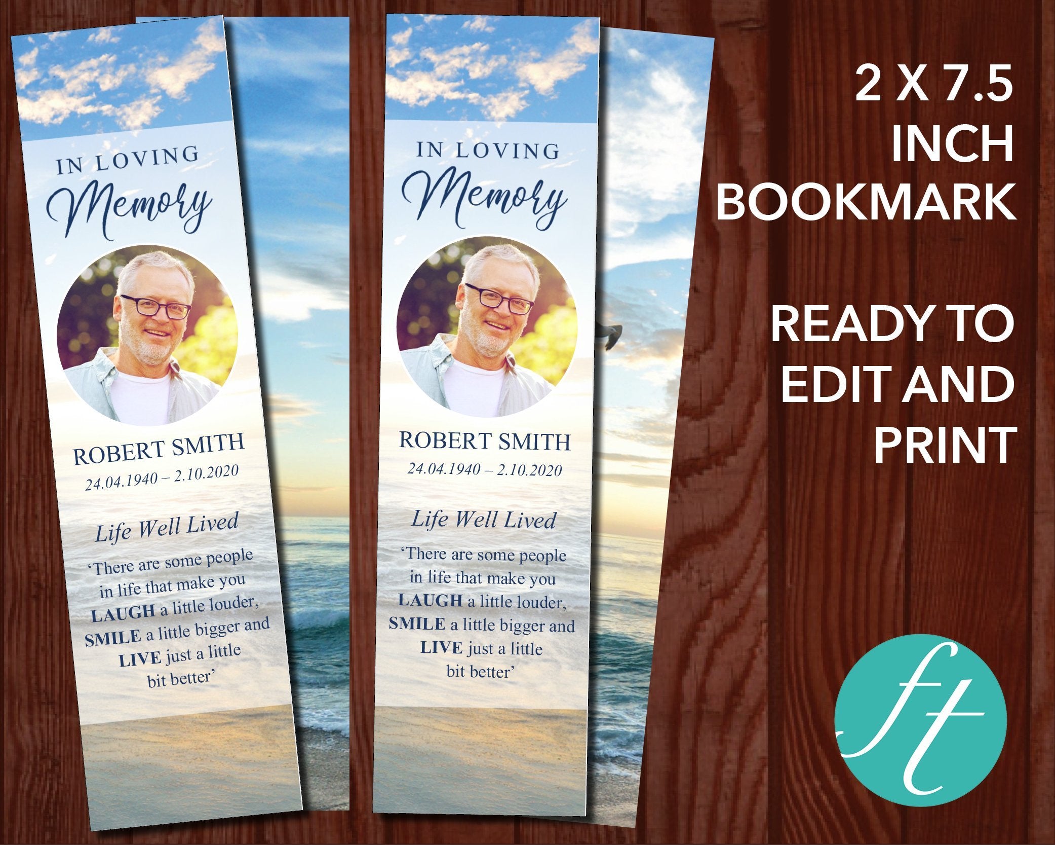 Funeral Bookmark with Beach Background Funeral Templates