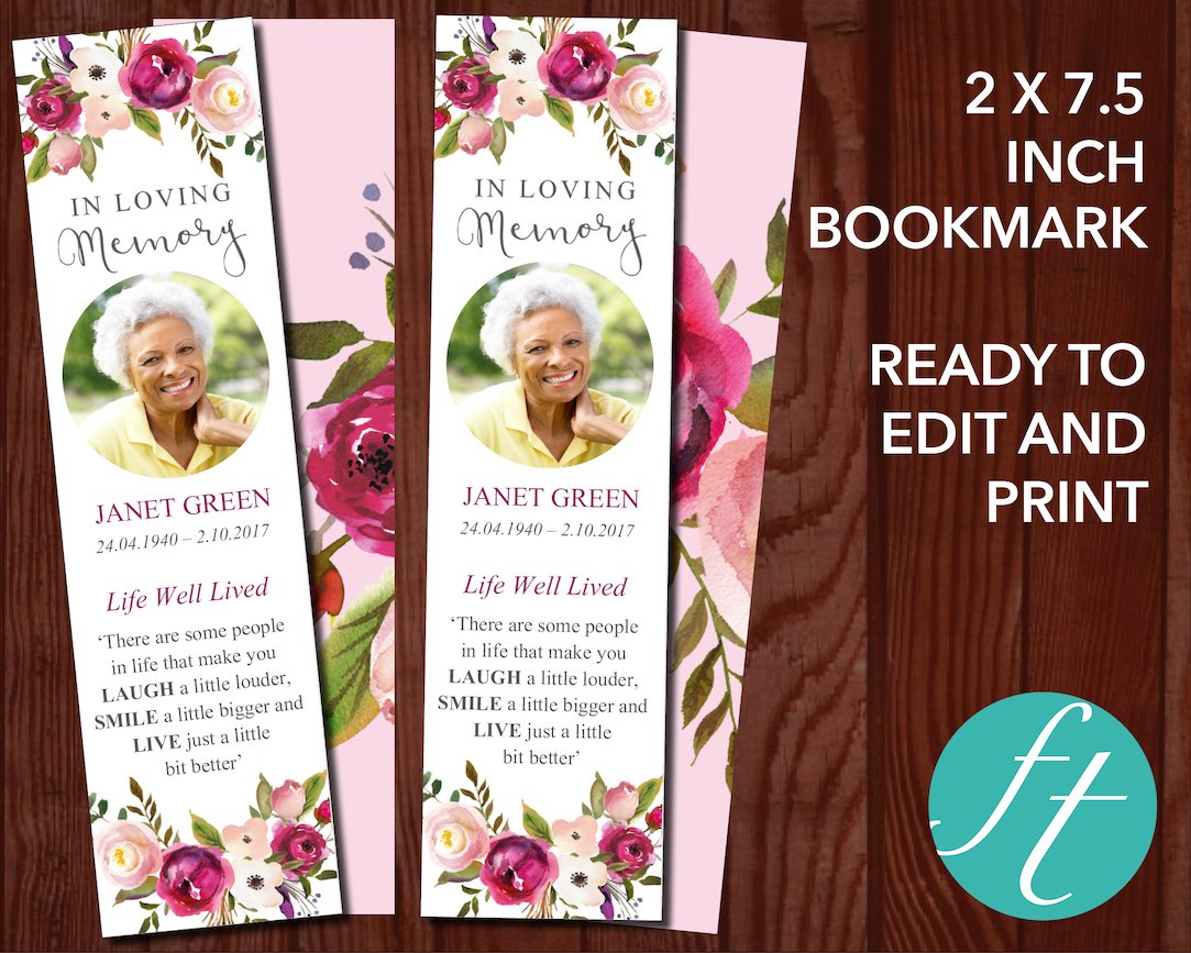 Funeral Bookmark Template | Pink Bloom – Funeral Templates funeral-bookmark-template-pink-bloom-funeral-templates