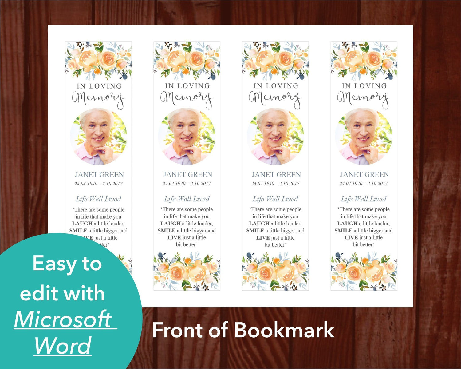 Yellow Rose Funeral Bookmark