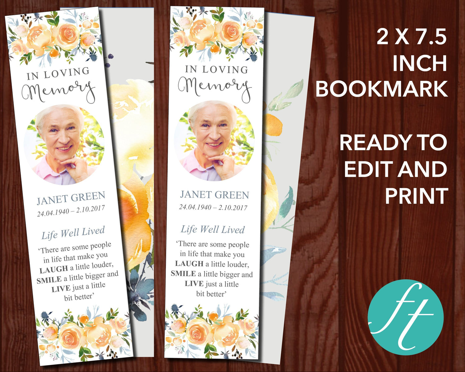 Yellow Rose Funeral Bookmark