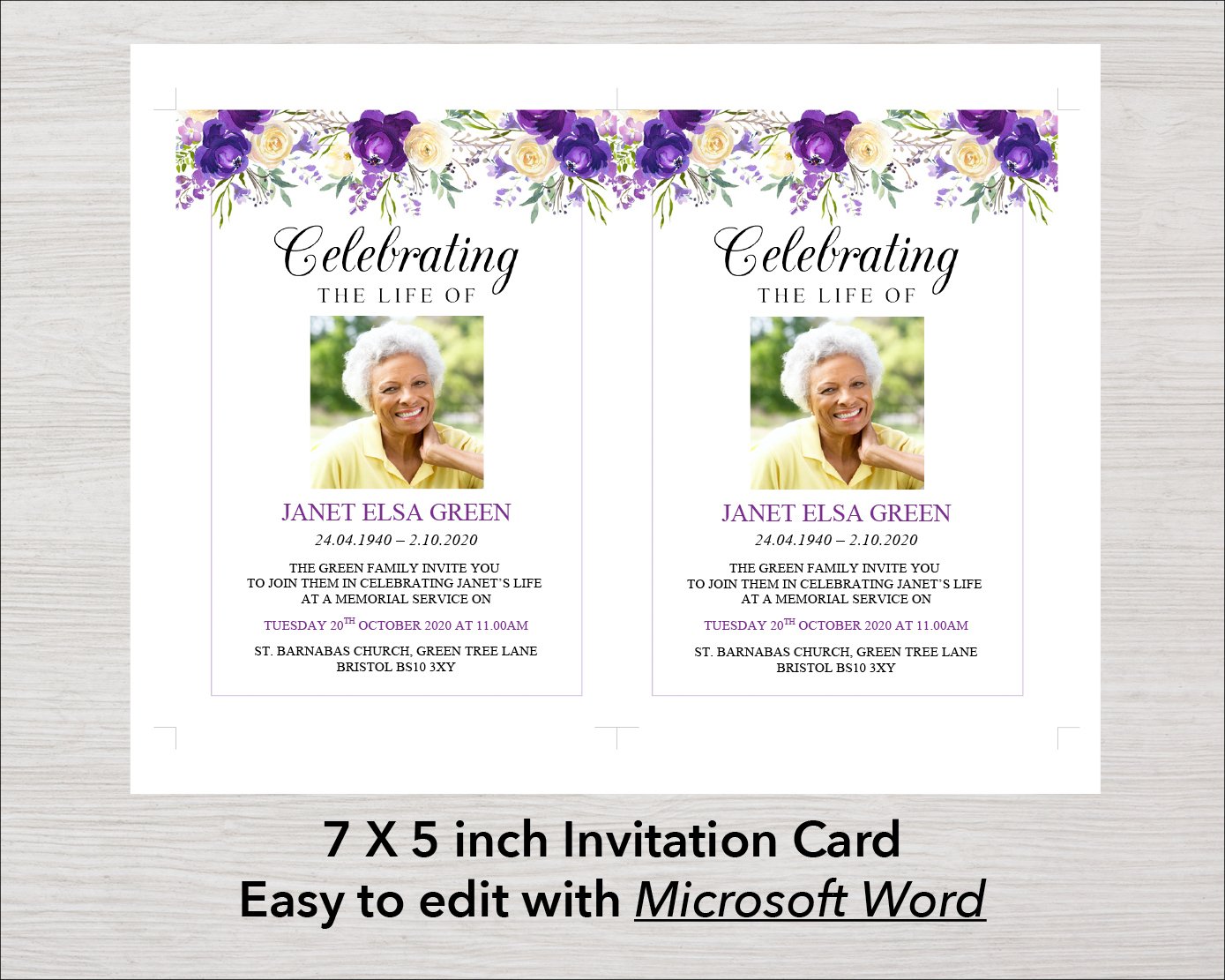 Purple Bloom Funeral Invitation Card