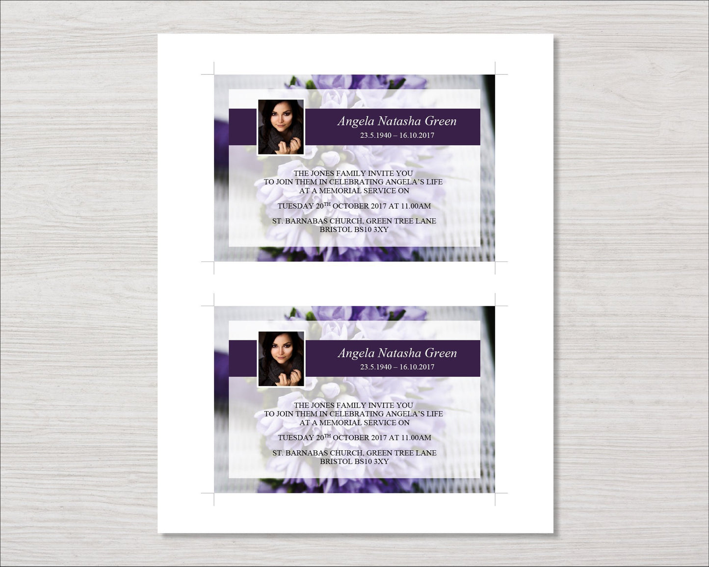 Purple Bouquet Funeral Invitation Card