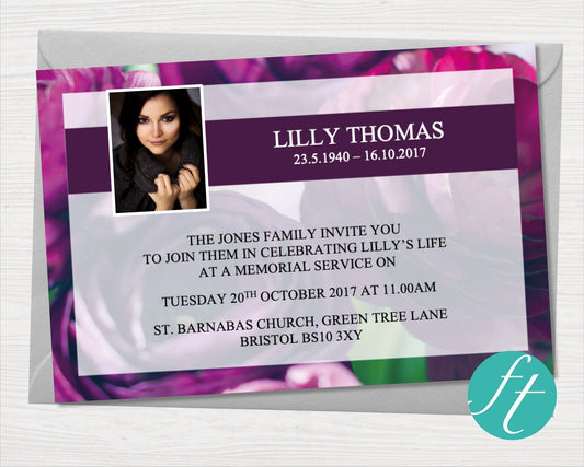 Purple Peonies Funeral Invitation Card