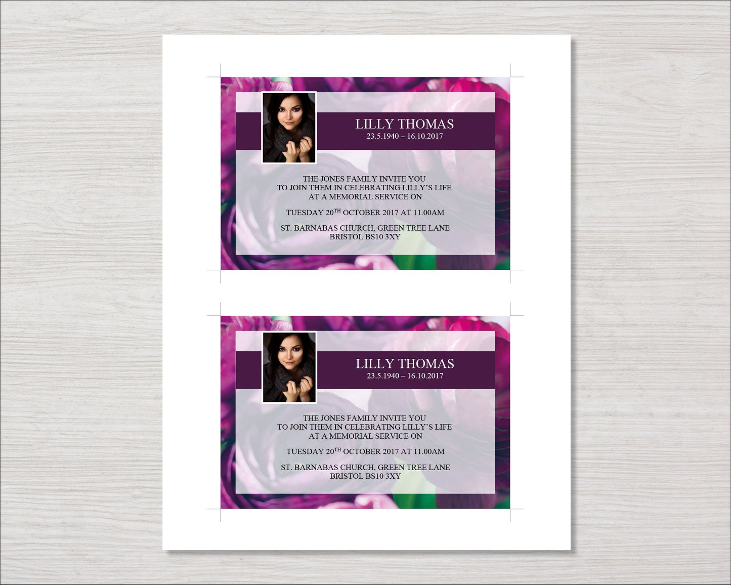 Purple Peonies Funeral Invitation Card