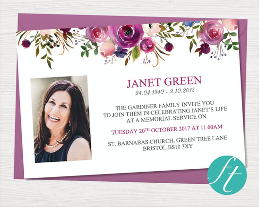 Purple Roses Funeral Invitation Card