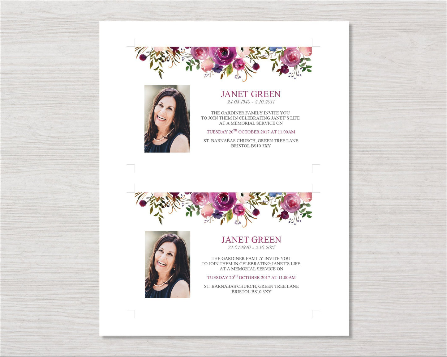 Purple Roses Funeral Invitation Card