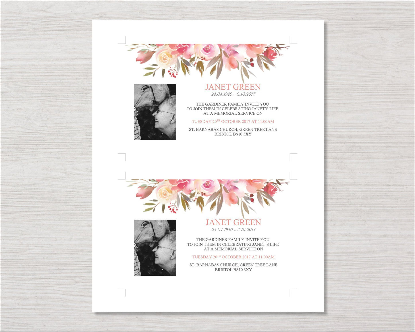 Spring Flowers Funeral Invitation Card