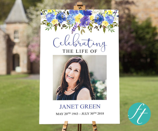 Blue Floral Funeral Welcome Sign