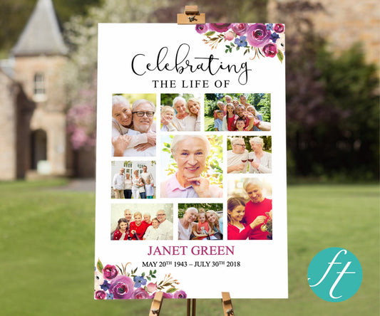 Purple Roses Collage Funeral Welcome Sign