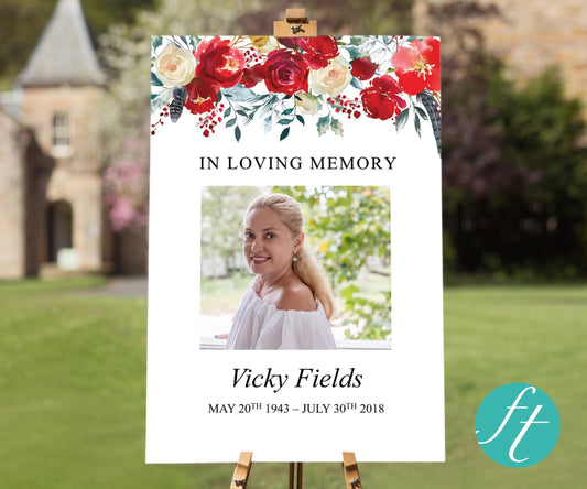 Red Flowers Funeral Welcome Sign