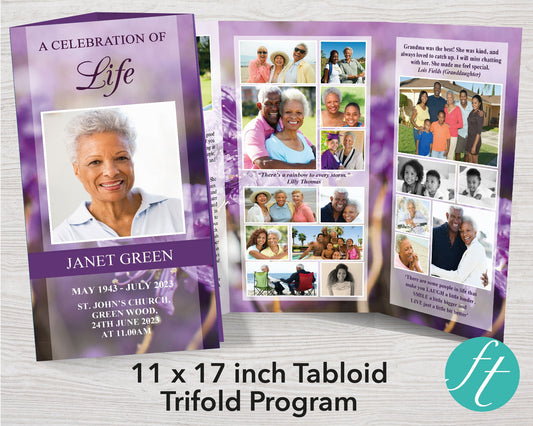 11x17 Trifold Purple Flowers Funeral Program Template