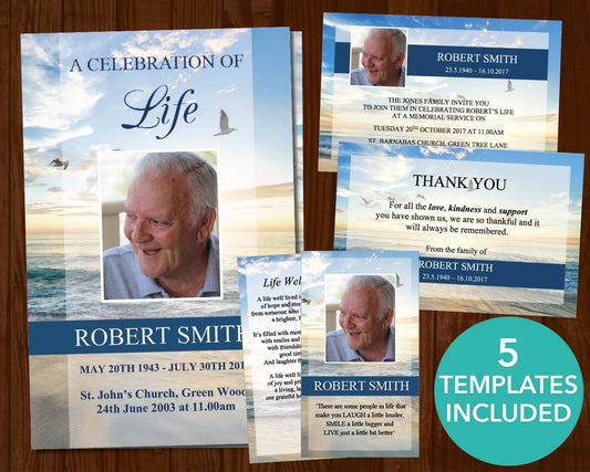 4 Page Beach Funeral Program Template + 4 matching Templates
