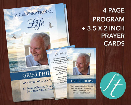 4 Page Beach Funeral Program Template + Prayer Card