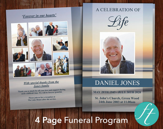 4 Page Beach Sunset Funeral Program Template