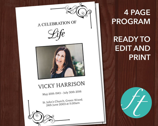4 Page Black Ornate Funeral Program Template