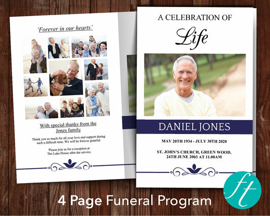 4 Page Elegant Blue Funeral Program Template