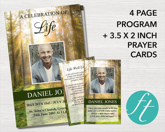 4 Page Forest Funeral Program Template + Prayer Card