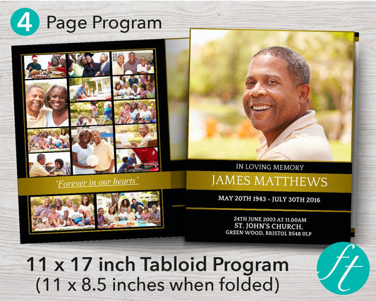 4 Page Golden Funeral Program Template (11 x 17 inches)