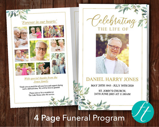 4 Page Green Leaf Funeral Program Template
