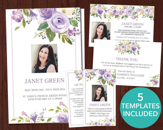 4 Page Lilac Bouquet Funeral Program Template + 4 matching Templates
