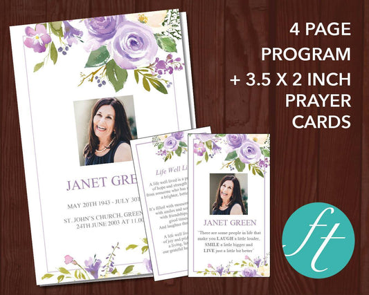 4 Page Lilac Bouquet Funeral Program Template + Prayer Card