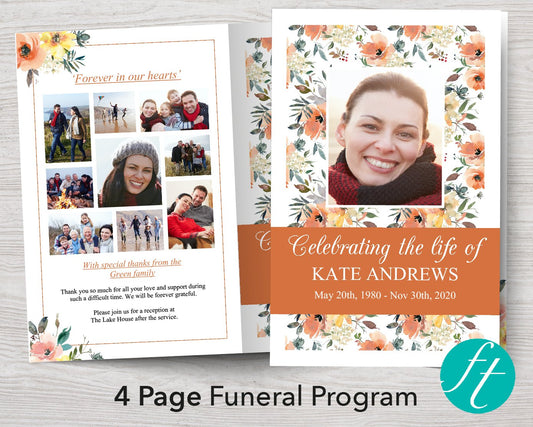 4 Page Peach Bouquet Funeral Program Template