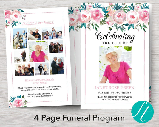 4 Page Peony Pink Funeral Program Template