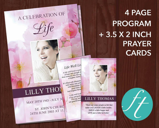 4 Page Pink Blossom Funeral Program Template + Prayer Card