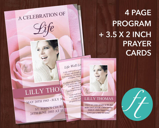 4 Page Pink Rose Funeral Program Template + Prayer Card