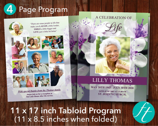 4 Page Purple Blossom Funeral Program Template (11 x 17 inches)