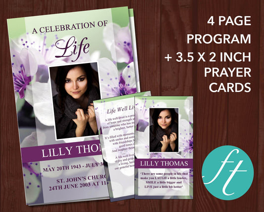 4 Page Purple Blossom Funeral Program Template + Prayer Card