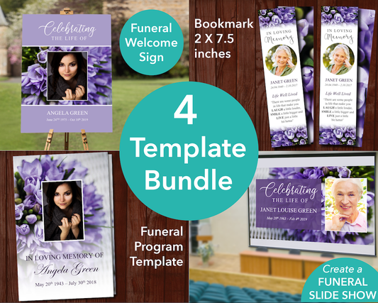 4 Page Purple Bouquet Funeral Program + Sign, Slide Show & Bookmark